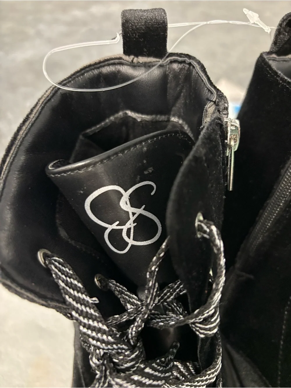 NWT Jessica Simpson Jes468 Black Velvet Combat Boots Stripe Laces Zip Side Bling